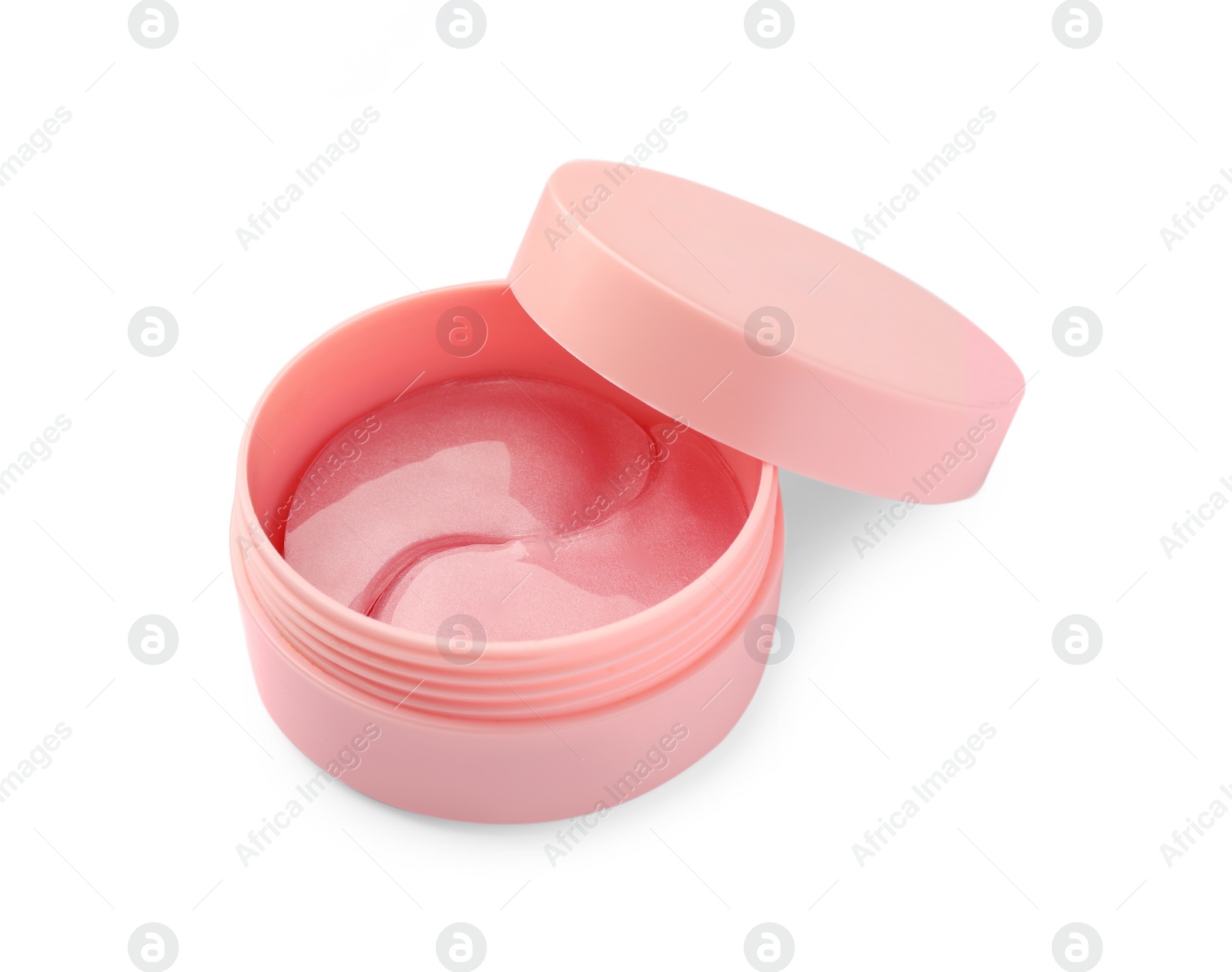 Photo of Jar of under eye patches isolated on white. Cosmetic product