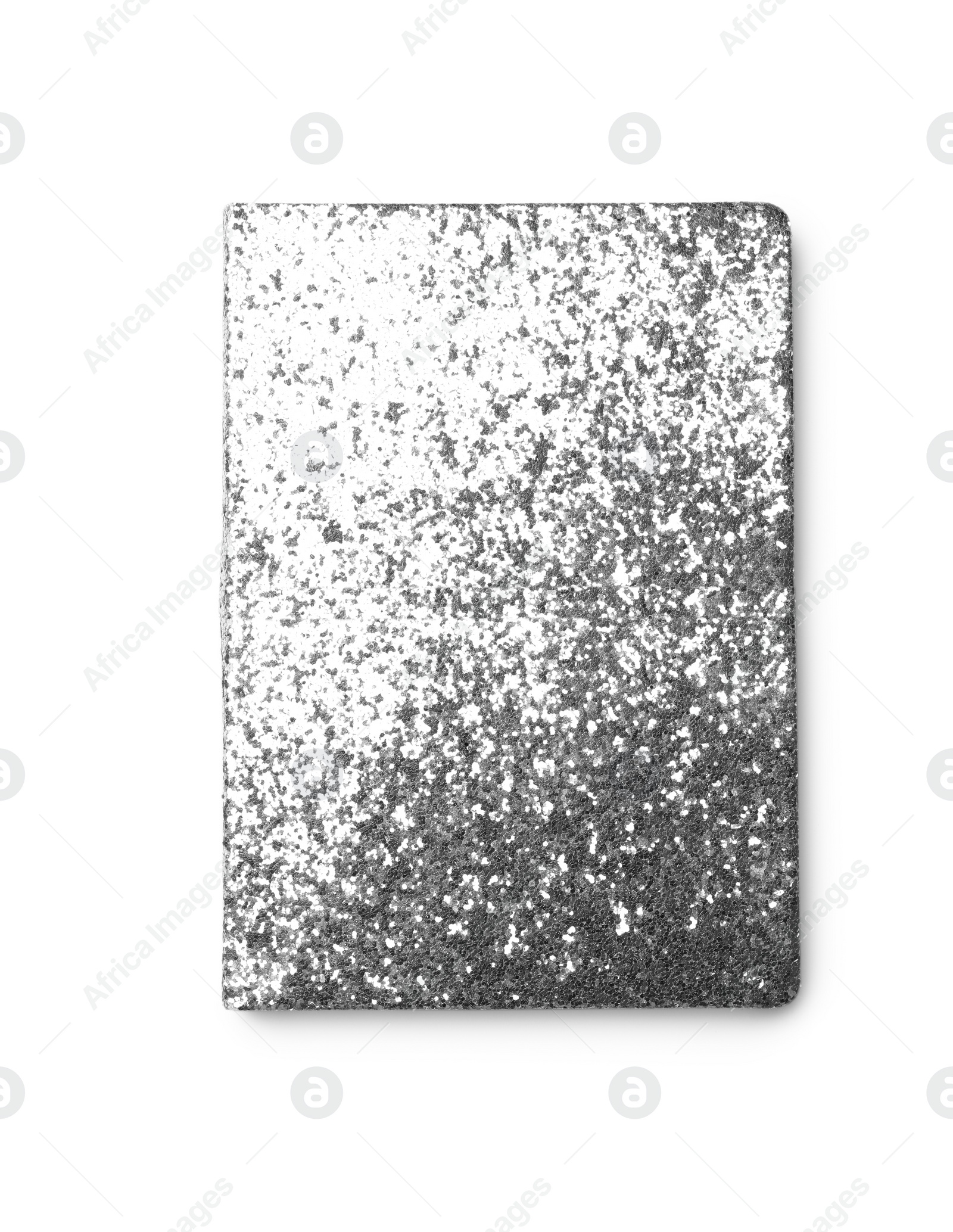 Photo of Stylish glitter notebook isolated on white, top view