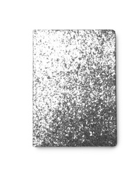 Photo of Stylish glitter notebook isolated on white, top view