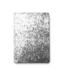 Stylish glitter notebook isolated on white, top view