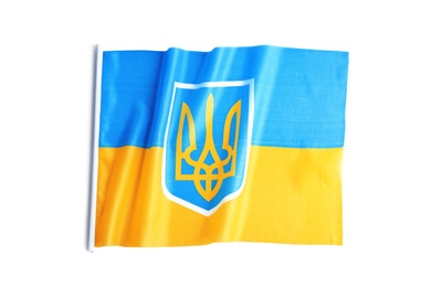 Photo of National flag of Ukraine isolated on white, top view