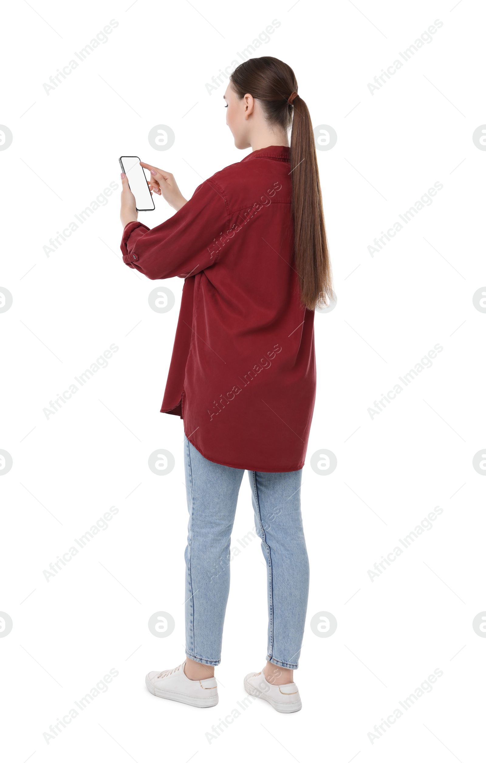 Photo of Woman using smartphone with blank screen on white background