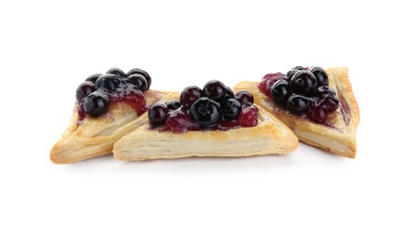 Photo of Fresh tasty puff pastry with sweet berries isolated on white