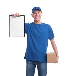 Happy courier with parcel and clipboard on white background