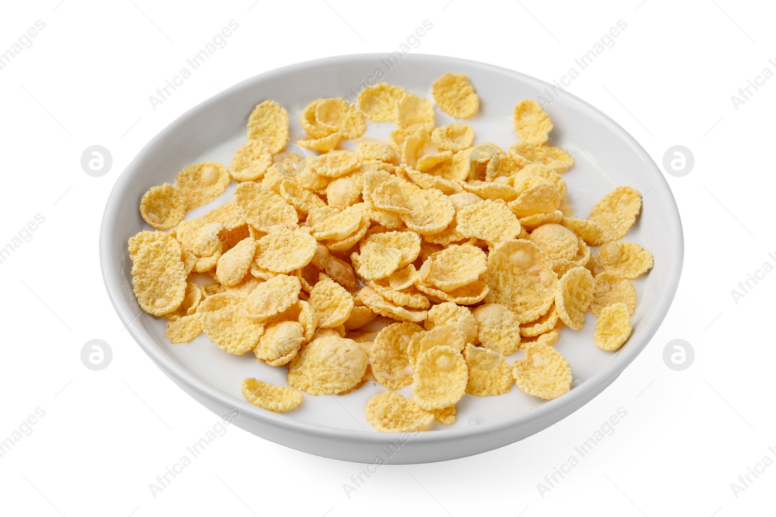 Photo of Breakfast cereal. Corn flakes and milk in bowl isolated on white