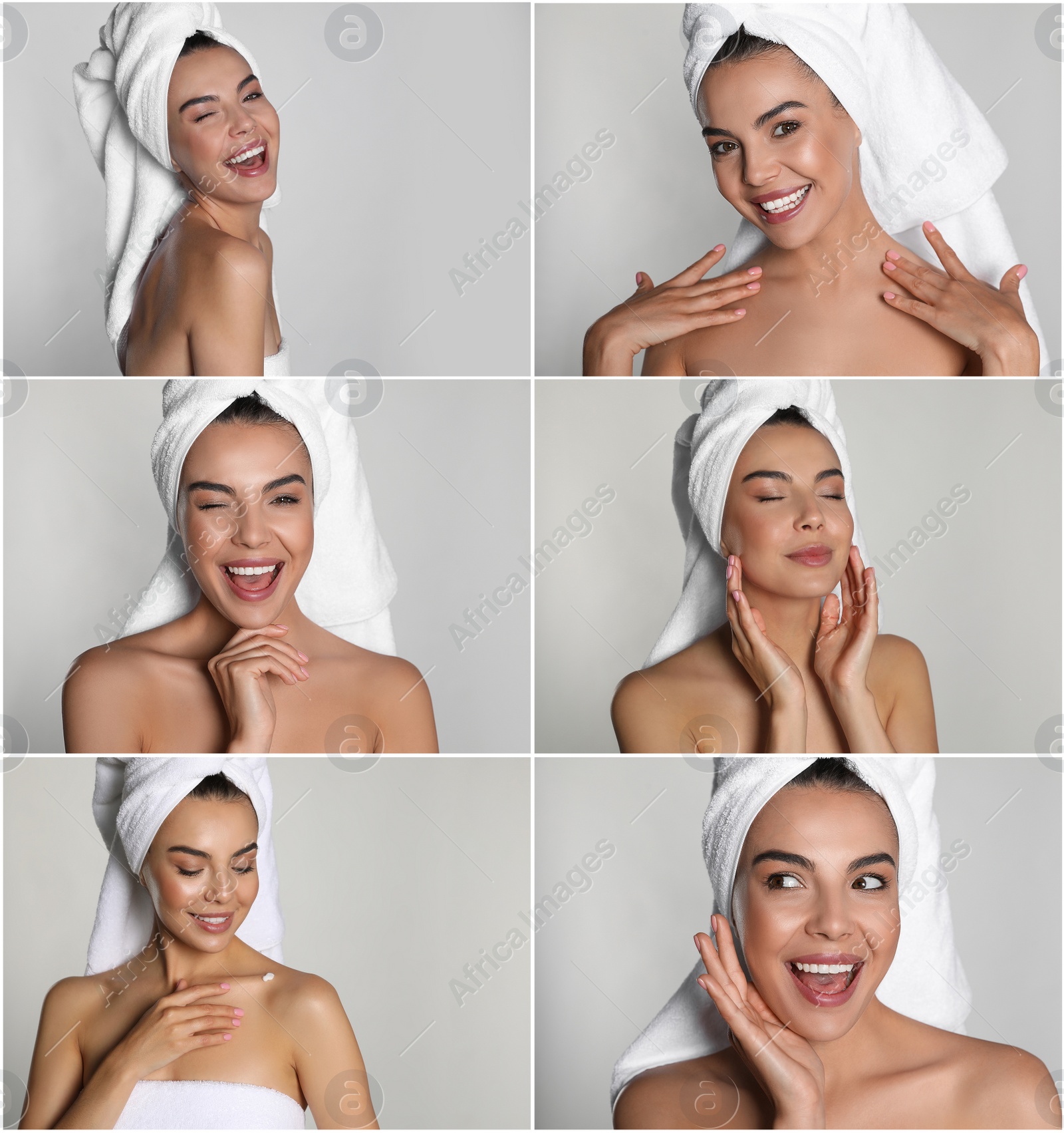 Image of Collage with photos of beautiful young woman with towels on light background