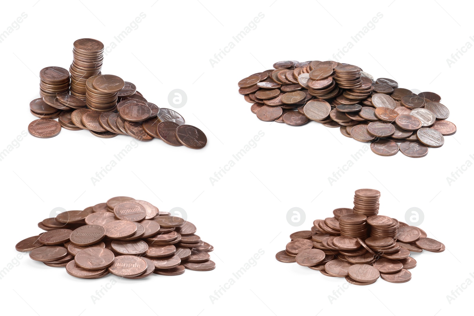 Image of Set with piles of coins on white background. Banner design