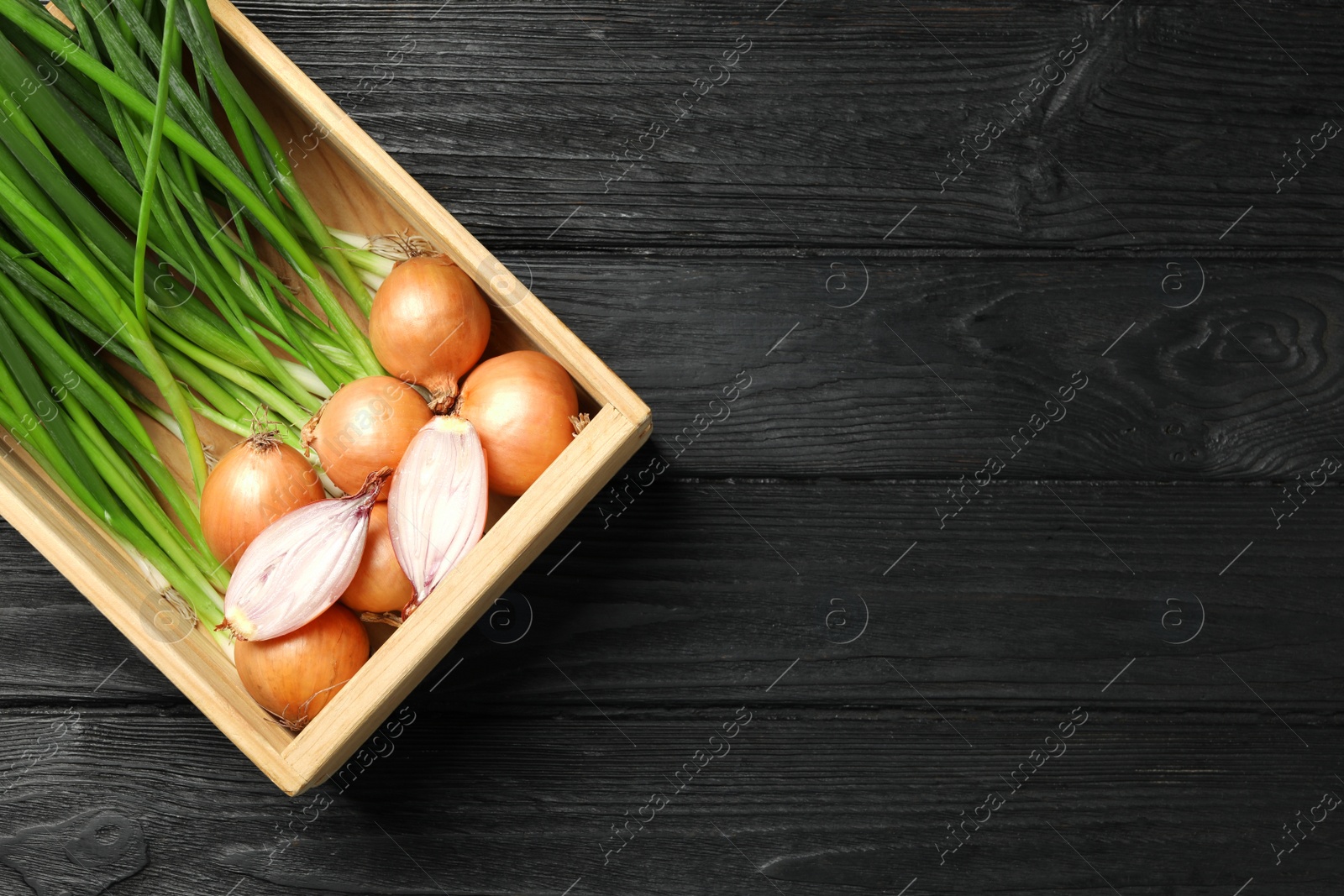 Photo of Crate with fresh green onion and bulbs on black wooden table, top view. Space for text