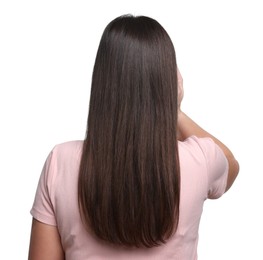 Photo of Woman with beautiful hair on white background, back view