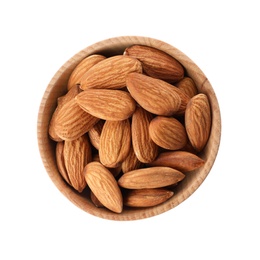 Photo of Bowl with organic almond nuts on white background, top view