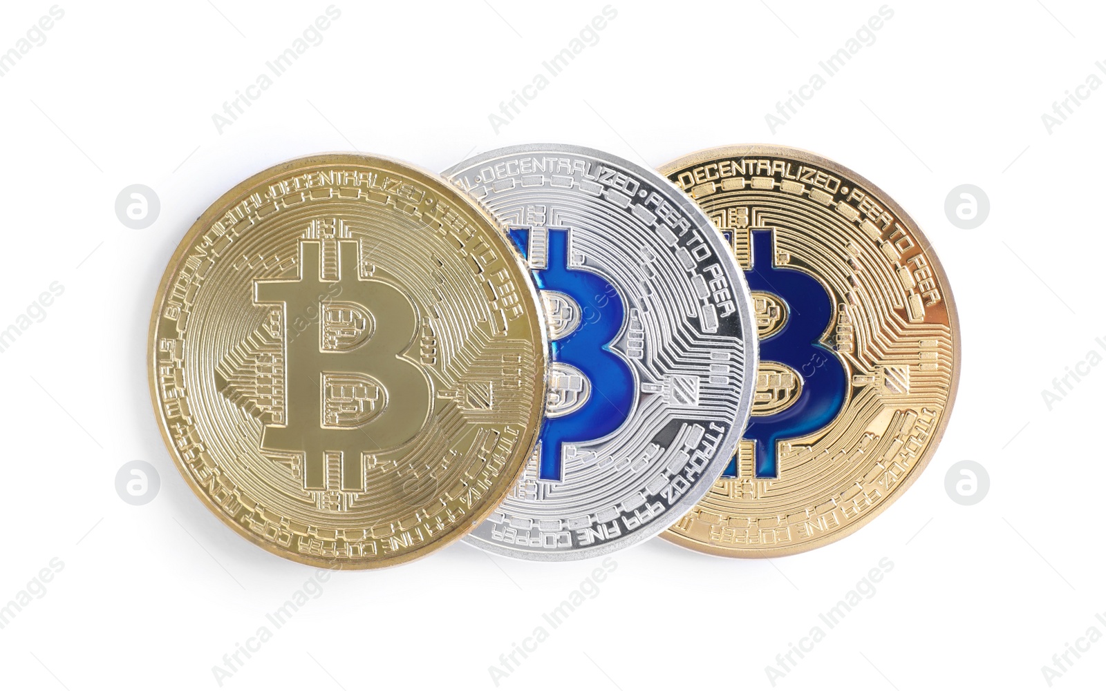 Photo of Row of bitcoins isolated on white, top view. Digital currency