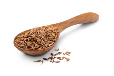 Photo of Spoon of aromatic caraway (Persian cumin) seeds isolated on white