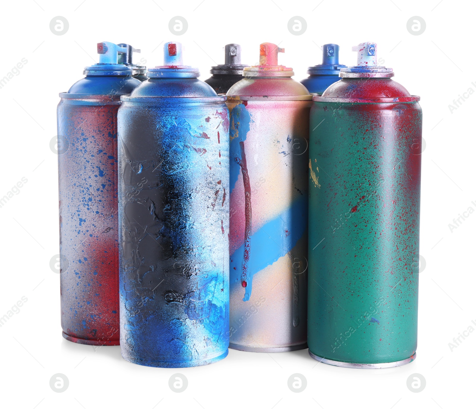 Photo of Many spray paint cans isolated on white