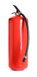 Photo of One red fire extinguisher on white background