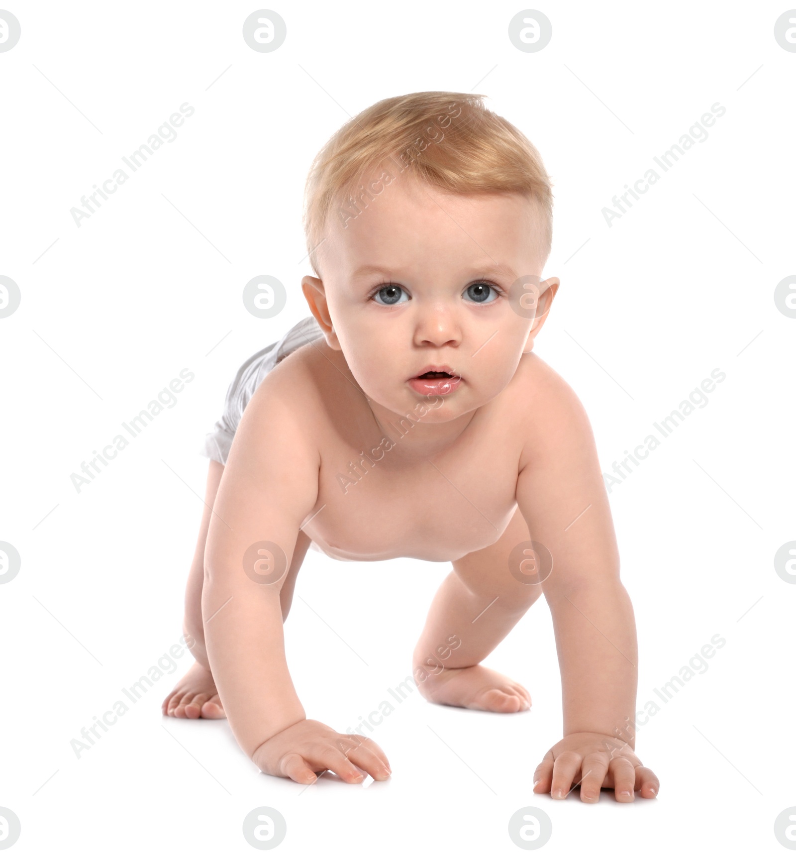 Photo of Cute little baby crawling on white background