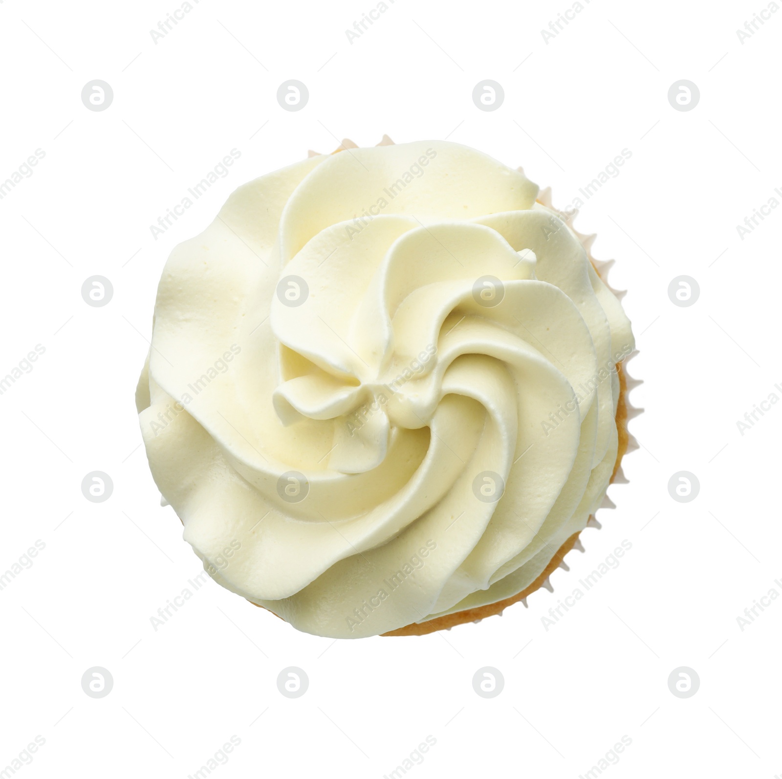 Photo of Tasty vanilla cupcake with cream isolated on white, top view