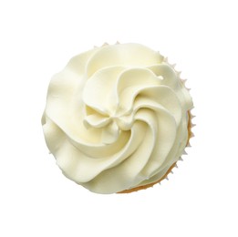 Photo of Tasty vanilla cupcake with cream isolated on white, top view