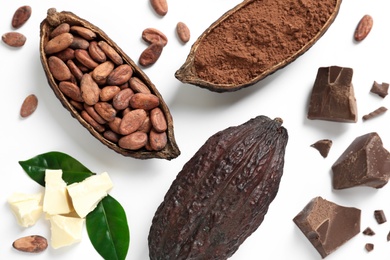 Photo of Composition with cocoa products on white background, top view