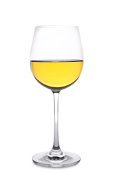 Photo of Glass of delicious expensive wine on white background