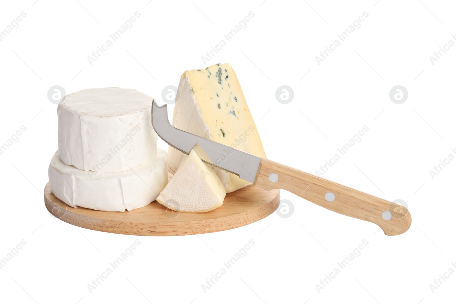 Photo of Different types of cheese and knife on white background