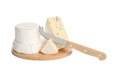 Different types of cheese and knife on white background