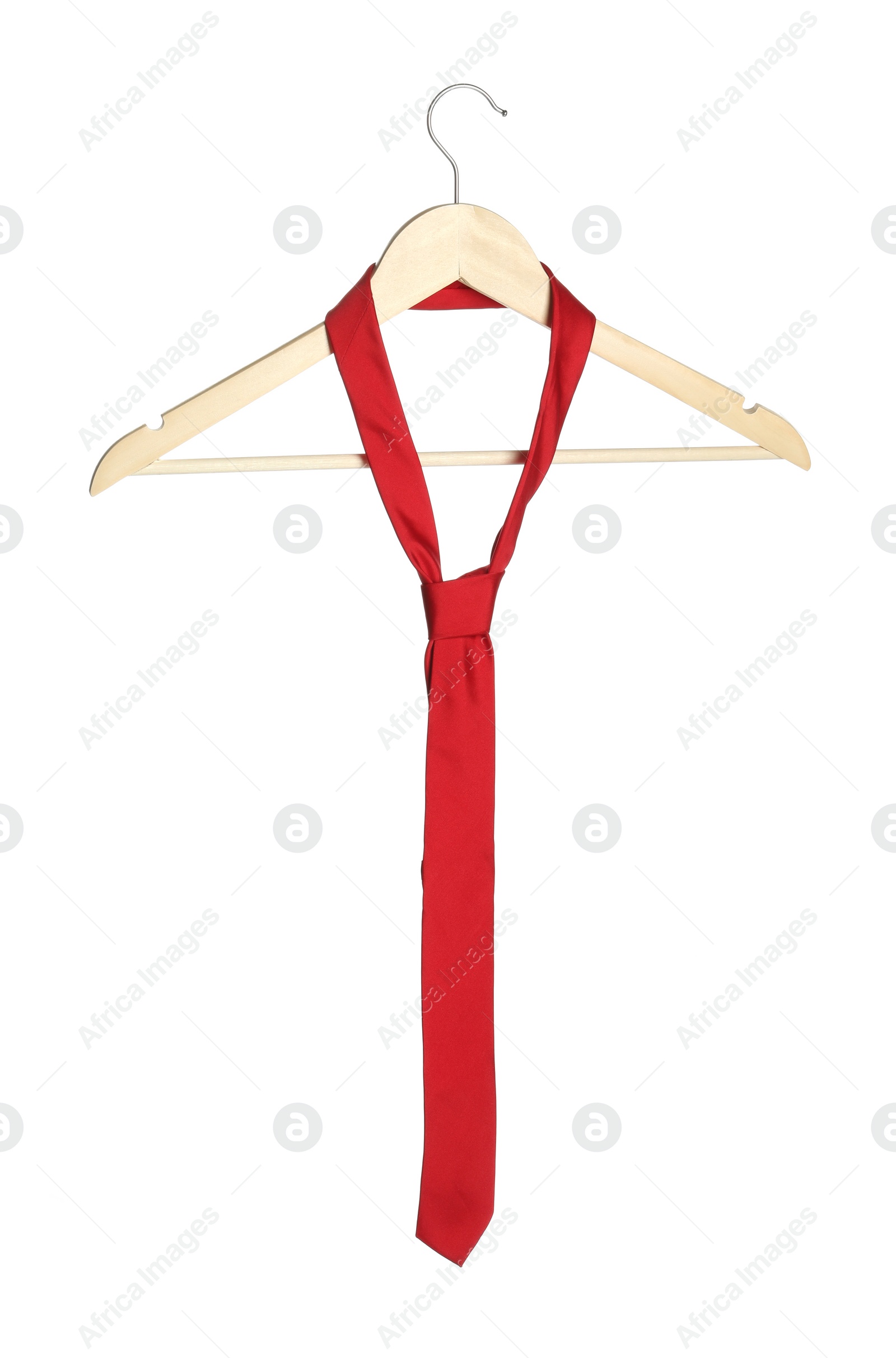 Photo of Hanger with red necktie isolated on white