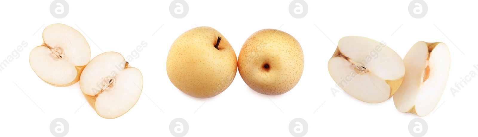 Image of Set with fresh ripe apple pears on white background, banner design 