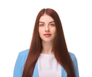 Portrait of beautiful businesswoman on white background