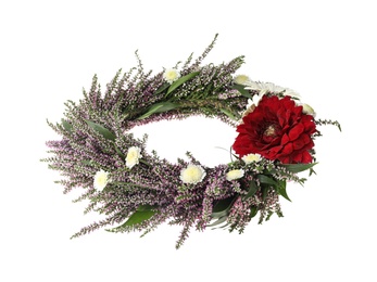 Beautiful autumnal wreath with heather flowers isolated on white