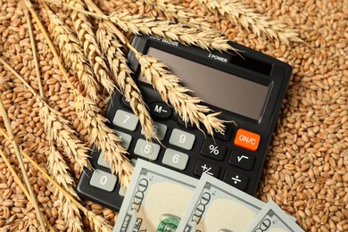 Photo of Dollar banknotes, calculator and wheat ears on grains, above view. Agricultural business