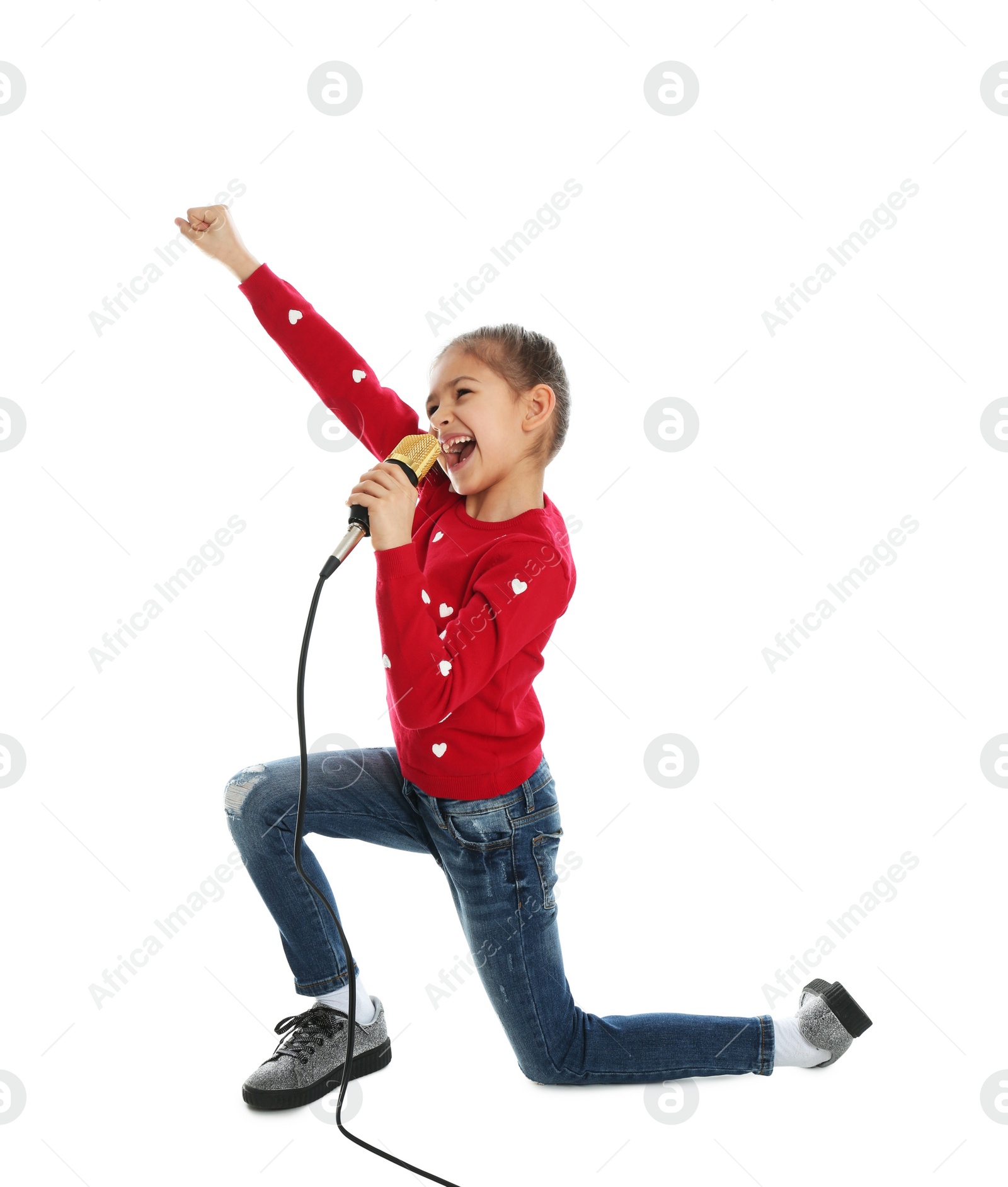 Photo of Cute funny girl with microphone on white background