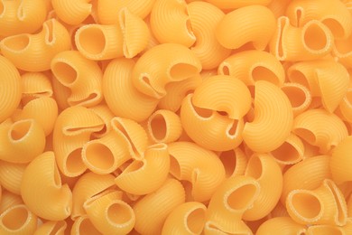Photo of Raw horns pasta as background, top view