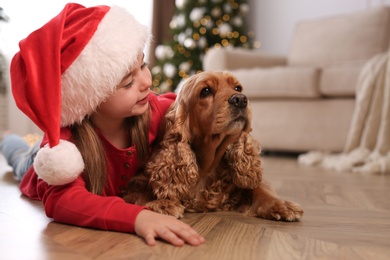 Cute little girl in Santa hat with English Cocker Spaniel at home. Christmas celebration