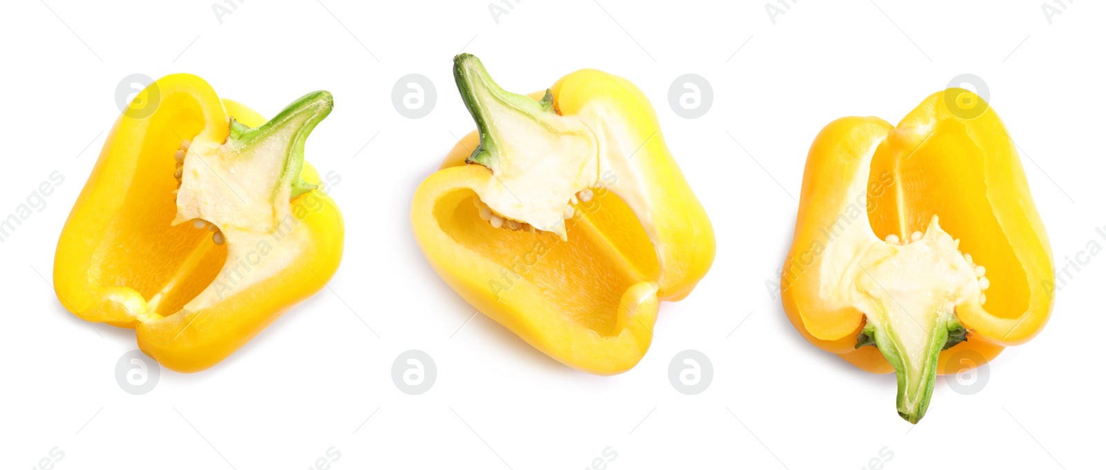 Image of Set of cut ripe yellow bell peppers on white background