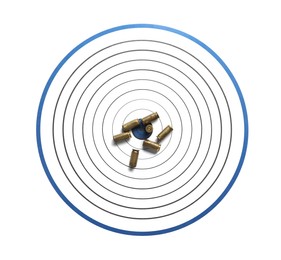Photo of Shooting target and bullets isolated on white, top view