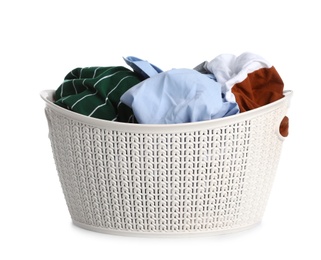 Plastic laundry basket full of dirty clothes on white background