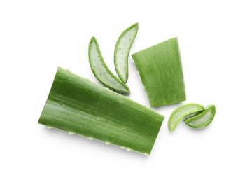 Photo of Cut aloe vera isolated on white, top view