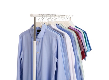 Photo of Men clothes hanging on wardrobe rack against white background