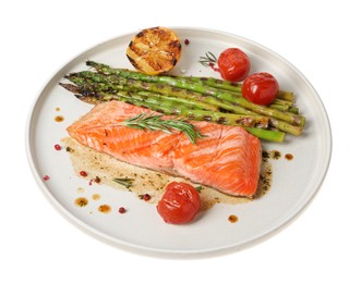 Photo of Tasty grilled salmon with tomatoes, asparagus and spices isolated on white