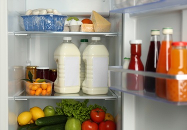 Photo of Gallons of milk and different products in refrigerator, closeup