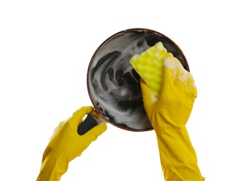 Photo of Woman washing dirty frying pan on white background, closeup