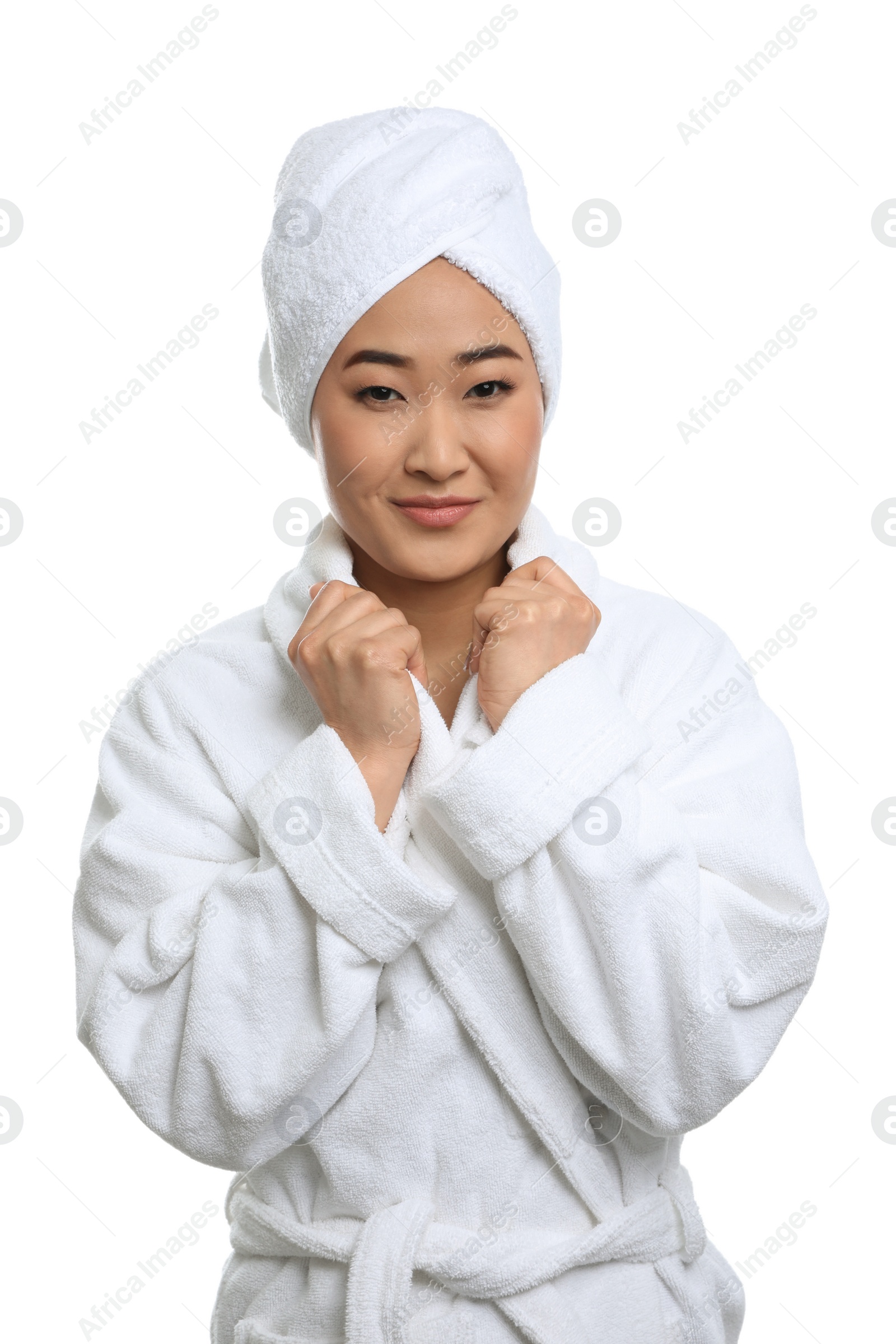 Photo of Portrait of beautiful Asian woman in bathrobe isolated on white. Spa treatment