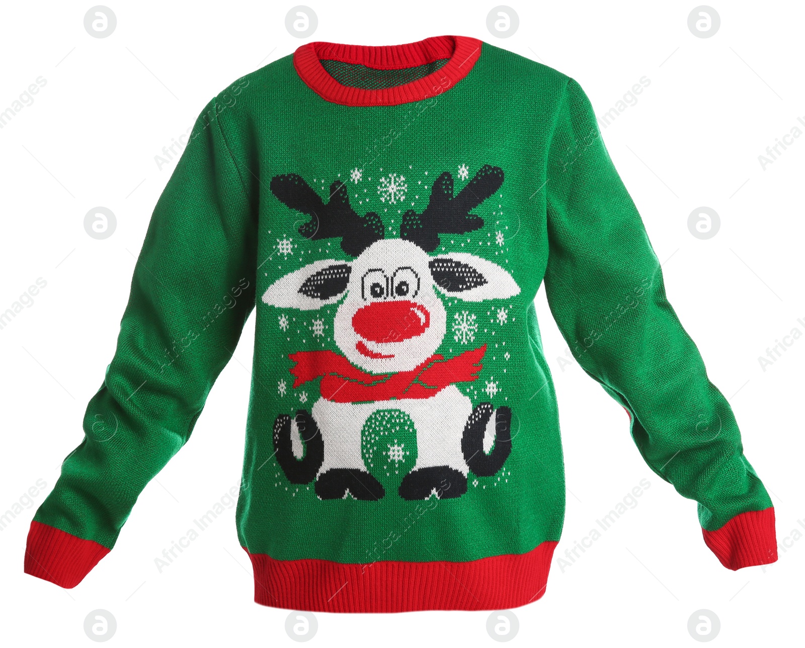 Image of Warm Christmas sweater with reindeer and snowflakes on white background