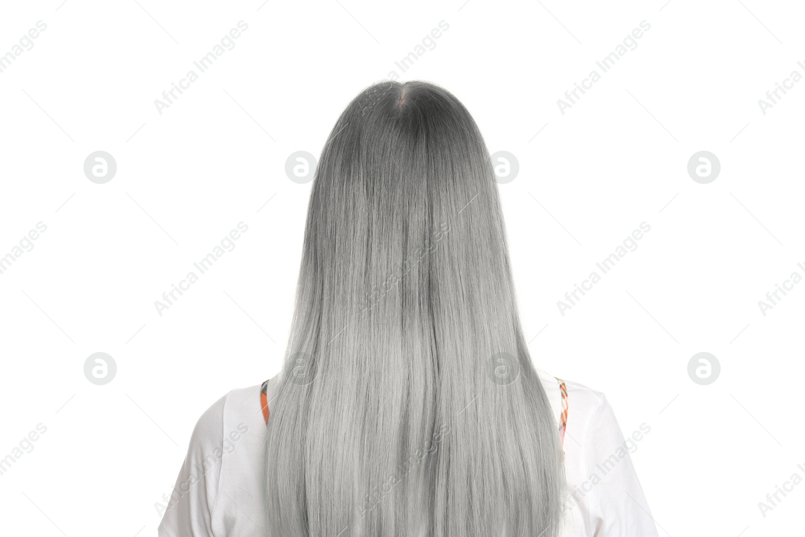 Image of Woman with gray hair on white background, back view