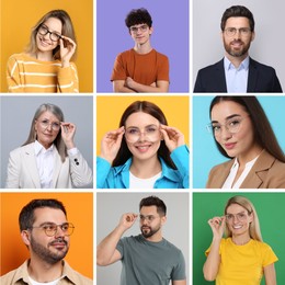 Many people in glasses on different backgrounds, collection of photos