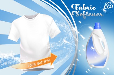 Fabric softener advertising design. White t-shirt surrounded by bubbles and arrow pointing at bottle of natural conditioner on light blue background