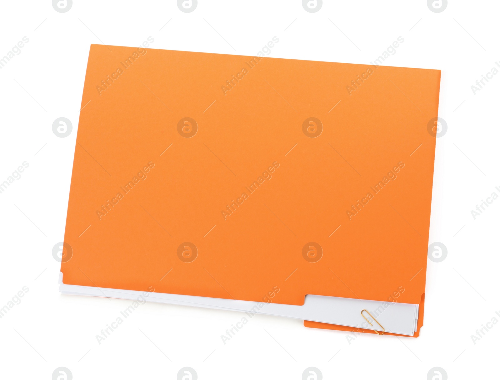 Photo of Orange file with documents isolated on white, top view