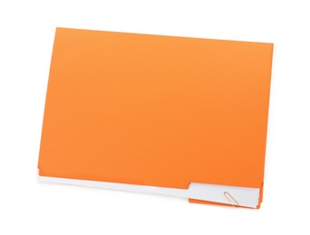 Orange file with documents isolated on white, top view