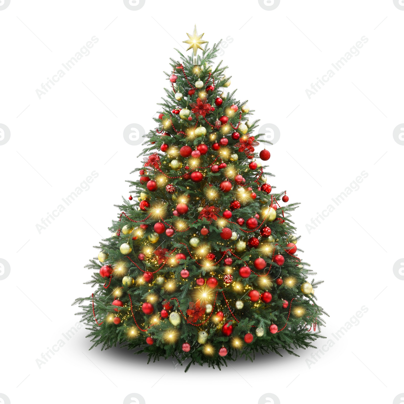 Image of Christmas tree decorated with ornaments and festive lights isolated on white