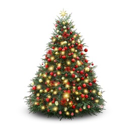 Image of Christmas tree decorated with ornaments and festive lights isolated on white